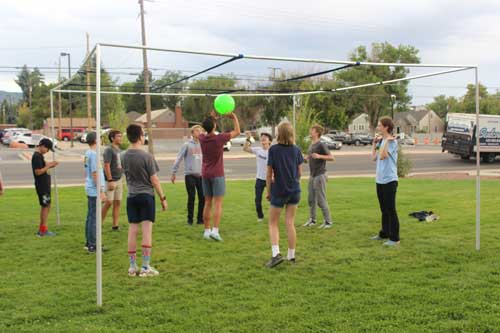 students at an activity playing 9 square