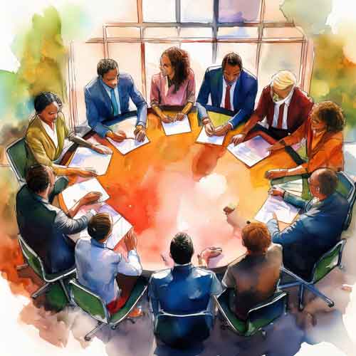 people around a round table having a meeting, arial view