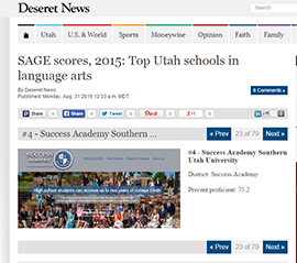 Deseret News names top schools in language arts, Success Academy 4th in state.