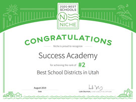 Niche.com certificate showing SUCCESS Academy @3 best school districts award