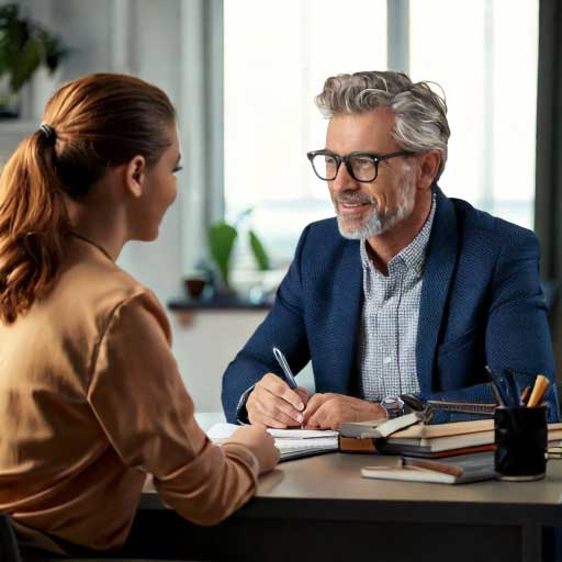 High school girl and high school counselor having a conversation at his desk.